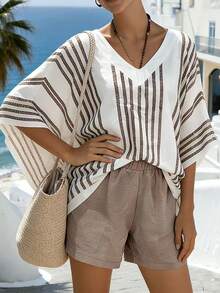 SHEIN Holidaya 2026 Spring/Summer New Relaxed White & Brown Striped Batwing Cover Up And Light Brown Shorts, Lazy Beach Vacation Spring/Summer Fashionable And Versatile Casual Loose-Fitting Short-Sleeved Khaki Striped T-Shirt And Shorts; V-Neck Casual Outing Top And Solid Color Shorts Summer Outfits For Women  Spring Clothes Women Spring Break Outfits Spring Outfit Beach Outfits For Women Beach Shorts Beach Outfits Beach Pants  Going Out Tops For Women Vacation Outfits Women Holiday Outfits For Women Summer Ho - Khaki - View 5