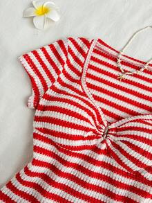 Sunnyshic Women's Red & White Striped Knit Jacquard Fabric V-Neck Short Sleeve Fitted Cropped T-Shirt, Elegant Casual Vacation Outfit, Spring/Summer - Red and White - View 3