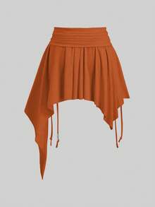 Sweetra 女士新款秋季西部牛仔风沙滩休闲抽绳腰不对称荷叶边迷你裙 Y2K - 亮橙色 - 查看 2