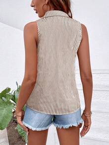 Pariaura 女士休闲条纹无袖宽松衬衫，夏季女士衬衫 - 卡其色 - 查看 2