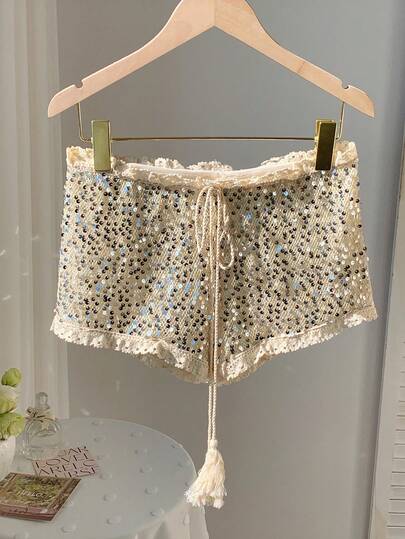 Comfortcana Quần short nữ cạp chun, đính sequin và ren tương phản, kiểu dáng thường ngày, đa năng, thích hợp mặc hàng ngày.