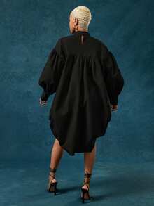 Vixey Drawstring Mock Neck Adjustable Drawstring Long Sleeve Dress - Black - View 5