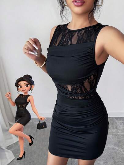 Rafferiza Ny elegant kort klänning med spetsmönster och lapptäcke för kvinnor