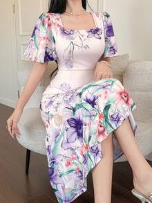 DAZY Đầm midi đuôi cá tay bồng cổ vuông in hoa thanh lịch dành cho nữ, đầm dự tiệc cưới mùa hè. - Màu tím - Xem 5