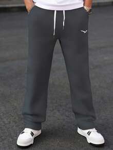 Manfinity Homme 男士休闲纯色抽绳腰带运动裤 - 深灰色 - 查看 5