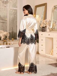 SHEIN 2pcs Women Elegant Satin Long Sleeve Pajama Set With Lace Trim, Suitable For All Seasons - Champagne - View 2