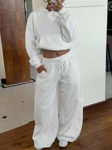 Muchica Bộ đồ thể thao nữ màu trắng mùa thu/đông gồm áo hoodie lót giữ nhiệt và quần nỉ dáng rộng. - trắng - Xem 6