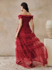 Anewsta 女士新款酒红色网纱喇叭连衣裙，春夏款，适合生日派对、婚礼、伴娘等场合，A字露肩连衣裙，红色长裙，红色荷叶边连衣裙，红色长款连衣裙，女士红色连衣裙 - 紅色 - 查看 2