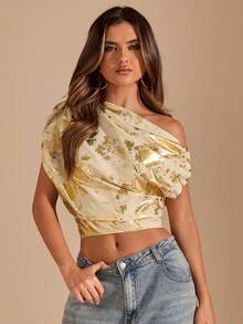 SHEIN BAE 金色纹理不对称肩部衬衫，女士金色上衣，夏季斜肩上衣，适合夜店派对、外出穿着，夏季女装，复古富贵，工作/办公室，女士商务休闲装，办公室着装 - 金色 - 查看 2