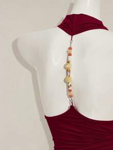 SHEIN ICON 女士棕色复古设计性感露背串珠垂褶领吊带衫 - 酒紅色 - 查看 9