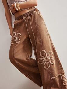 Bohemela Quần jean nữ dáng rộng, màu nâu trơn, chất liệu denim dệt kim, kiểu dáng vintage mùa xuân/hè, họa tiết hoa, thích hợp cho lễ tình nhân, phong cách miền Tây hoang dã, dự tiệc, đi biển, mặc hàng ngày, đi học, đi chơi và dự tiệc, thập niên 2000, kỳ nghỉ hè. - màu nâu - Xem 4