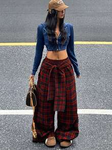 Coolane Summer For Women Going Out Casual Streetwear Everyday Vacation Collegiate Style Pattern Print Patchwork Front Tie Red Loose Wide Leg Pants - Red - View 3