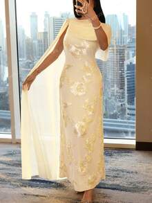 Modelyn New Design Asymmetric Sleeve Elegant Embroidered Cinched Waist Romantic Luxurious Party & Holiday Dress - Pale Yellow - View 3