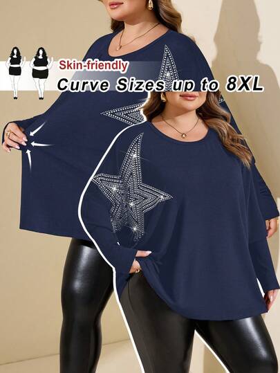 SHEIN CURVE+ Plus Size Women Rhinestone Star Graphic Batwing Sleeve Loose Casual T-Shirt, Halloween