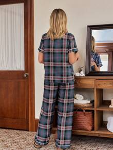Doze Lane Contrast Trim Plaid Short Sleeve & Pants Women Pajama Set - Multicolor - View 2