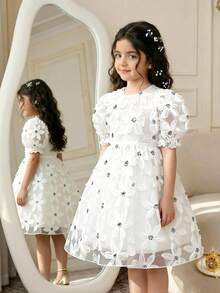 Young Girl Cute Princess Dress Heavy Duty Three Dimensional Flower Fabric Design Elegant Style, Suitable For Party Dressing - White - View 1