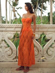 Swim Chiccia Vestido de tirantes de encaje casual de verano para mujer - Naranja - Ver 4
