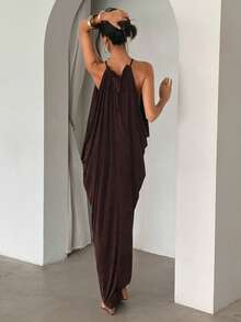 Aloruh Women's Elegant Summer Dark Brown Maxi Dress,Solid Color Loose Floor Length Vacation Outfits,Formal Wedding Guest Graduation Party Dining Dress,Y2K - Coffee - View 3