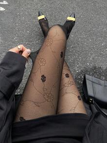 DAZY Women's Jacquard Fishnet Stockings, Sexy Hollow-Out Thin Black Tights, Slimming Leggings - Black - View 1