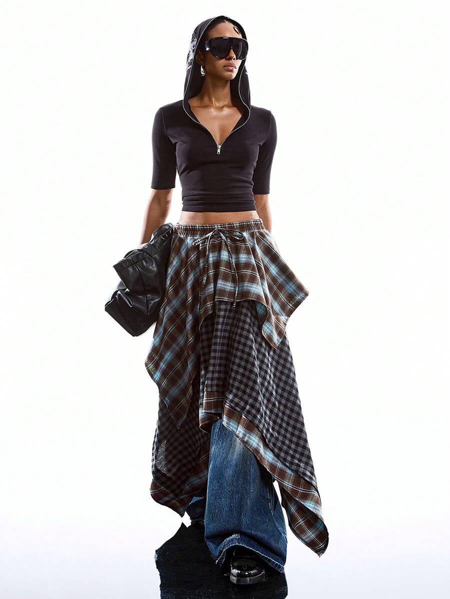 LYSMO 女士格子印花不对称下摆休闲半身裙 - 藍色 - 查看 1