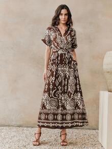 Anewsta 时尚V领单排扣衬衫裙，腰部扭结设计，女士长裙，适合节日、外出、度假穿着 - 彩色 - 查看 7