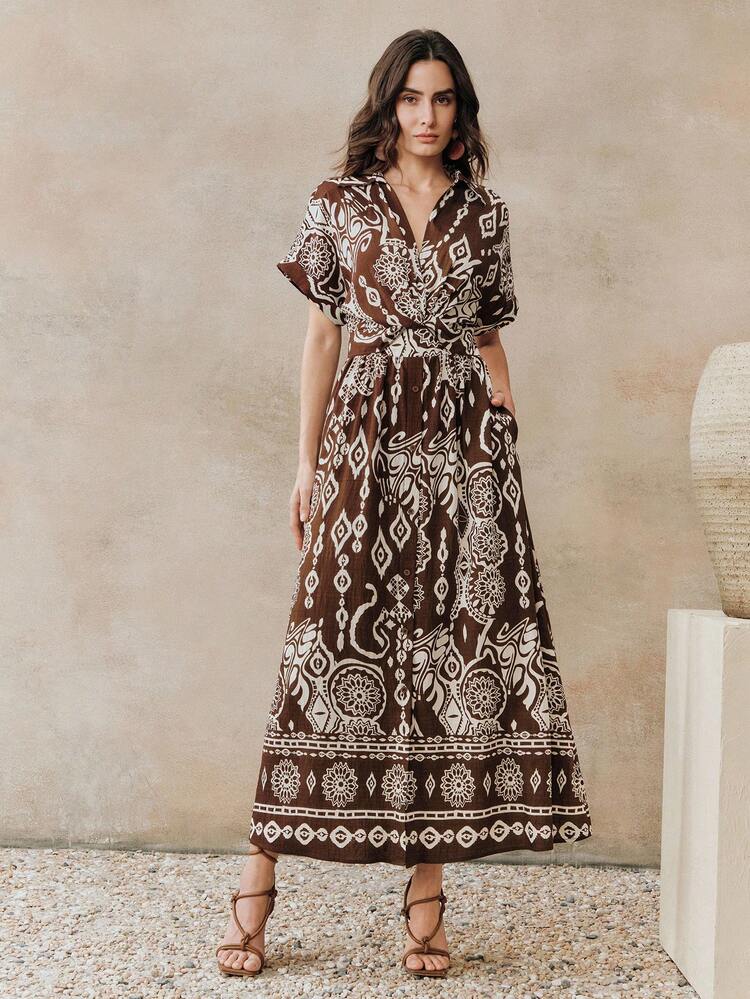 Stylish V-Neck Single-Breasted Shirt Dress With Waist Twist Detail, Women Long Dress For Festival, Going Out, Vacation