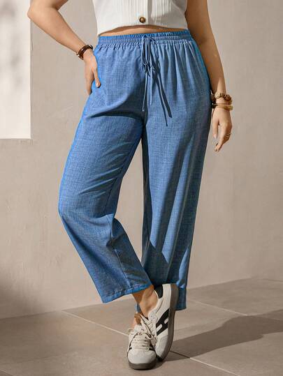 Zelara 大码夏季女式蓝色松紧腰直筒裤，蓝色双色面料夏季休闲航海裤