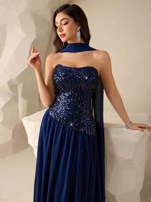 Coutiva Đầm dạ hội màu trơn đính sequin dành cho nữ, thích hợp cho các buổi tiệc. - Màu xanh hải quân - Xem 5