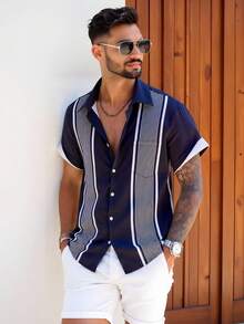 HIMLAND Men's Geometric Pattern 3D Digital Print Short Sleeve Polo Collar Chest Pocket Casual Vacation Hawaiian Shirt - Multicolor - View 5