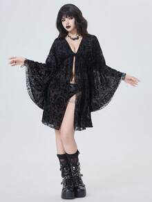 ROMWE Goth Women's Summer Vacation Sheer Loose Bat Print Kimono Cover Up - Black - View 5