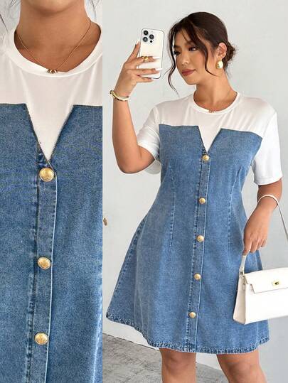 Firerie Plus Size Women Round Neck Short Sleeve Button Design Casual Denim Dress,Valentine's Day,Summer,Carnival,Beach,Party,Elegant Party Dress,Going Out Casual Vacation Spring Outfit For Women, Spring Dress For Women