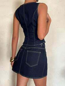 Aloruh Bộ đồ nữ gồm áo không tay màu trơn tối giản và chân váy denim, thích hợp mặc hàng ngày. - Màu xanh lam - Xem 2