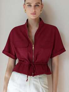 Aveloria Modichic Fashionable Short Utility Shirt, With Two Symmetrical Chest Pockets, Cinched Waist Design, Overall Neat And Practical - Red Violet - View 3