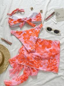 Swim Vcay 3件套女士泳衣比基尼泳装迷你连衣裙罩衫夏季棕榈热带印花四季皆宜的时尚套装，派对、约会必备，完美搭配音乐节和街头服饰，节日时尚 | 泳池和度假 | 蕾丝上衣，女士上衣，女士泳装 - 橘色 - 查看 4