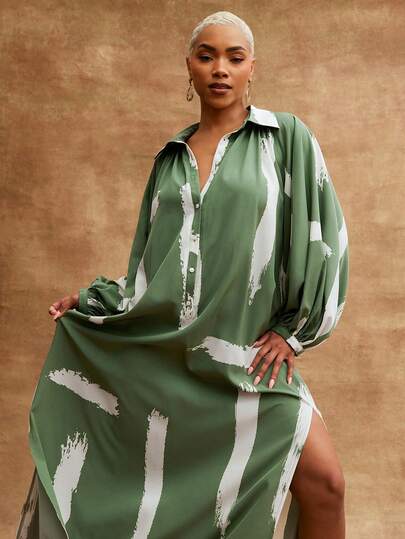 Vixey Woven Balloon Long Sleeve Dual Side Slit Pointed Collar Shirt Dress