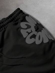 SLATEMANN Men's Summer Casual Letter Print Drawstring Waist Shorts - Black - View 3