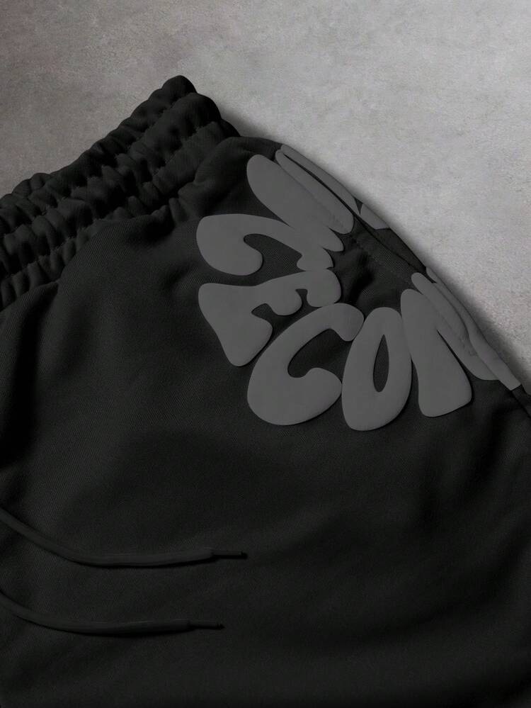 SLATEMANN Pantalones cortos casuales de verano para hombres con estampado de letras y cordón en la cintura - Negro - Añade 3