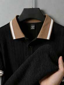 Manfinity Unisex Men's Casual Business Daily Commute Textured Fabric Contrast Striped Trim Short Sleeve Polo Shirt, Summer - Black - View 2