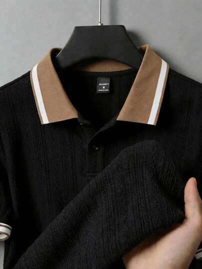 Manfinity Unisex Men's Casual Business Daily Commute Textured Fabric Contrast Striped Trim Short Sleeve Polo Shirt, Summer