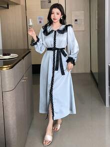 DAZY 對比色蕾絲拼接天鵝絨面料彼得潘領女款睡袍睡衣 - 霧霾藍 - 查看 3