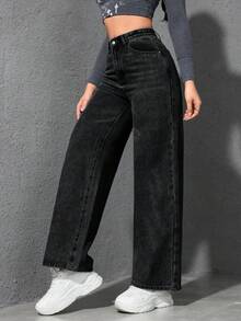 SHEIN PETITE 女士休闲日常通勤时尚做旧宽松阔腿牛仔裤 - 黑色 - 查看 5