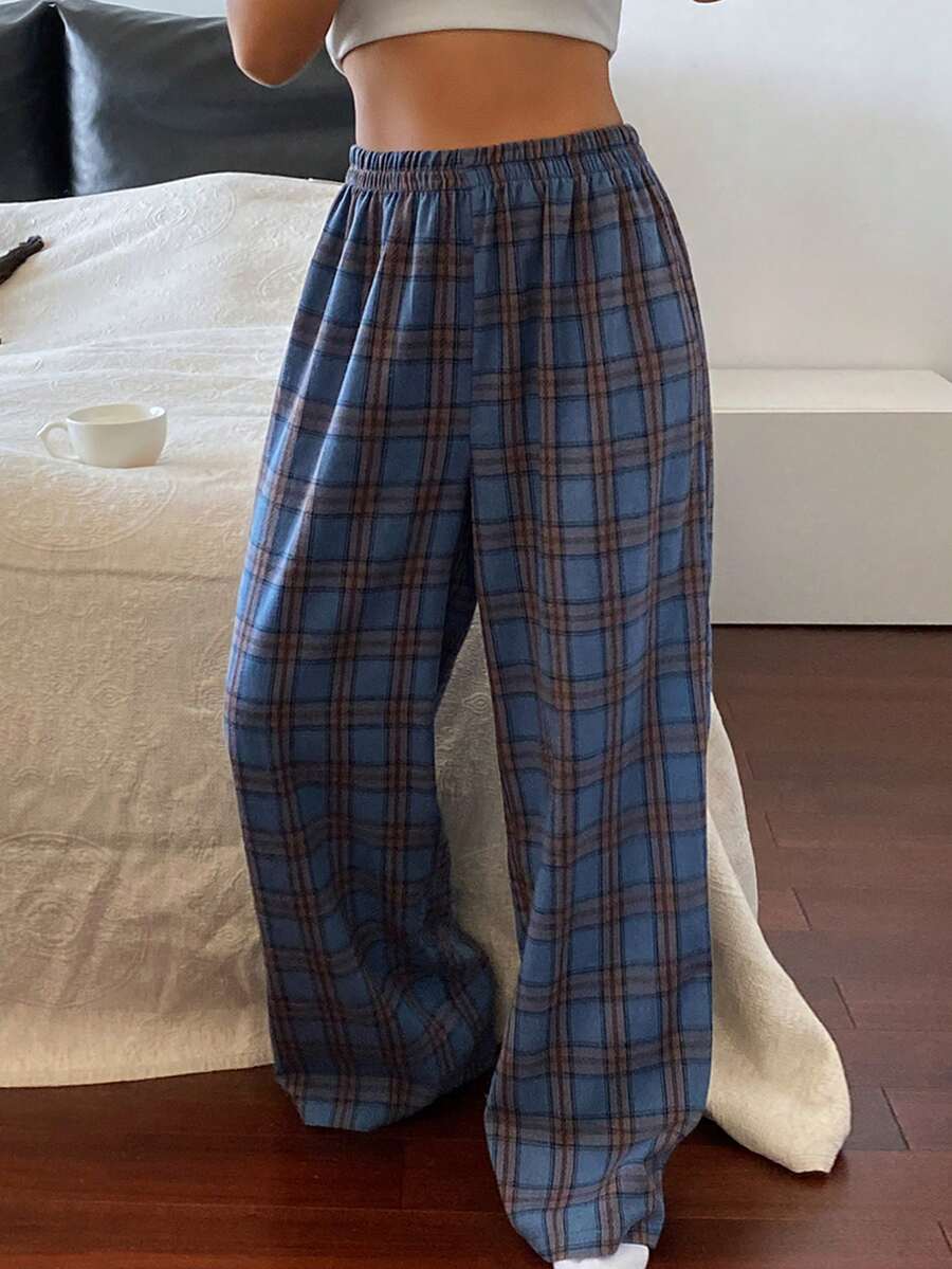 Livesso Plaid Loose Straight Elastic Waist Pajama Pants For Women, Loungewear - Red - View 1