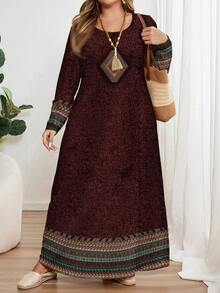 EMERY ROSE Red Floral Retro Print Plus Size Long Sleeve Round Neck Maxi Dress, Suitable For Spring/Summer - Multicolor - View 4