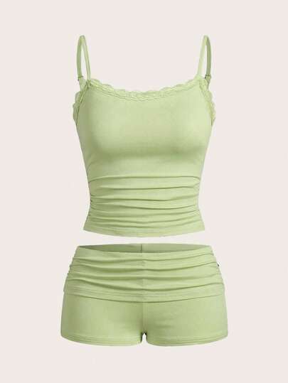 SHEIN EZwear Women's Summer Solid Color Lace Camisole And Pleated Shorts Set, Fitted 2-Piece Outfit Women's Casual Contrast Color Lace Ruffle Pleated Fitted Mint Green Camisole And Shorts Set, Spring/Summer Everyday Wear