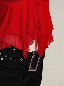 SHEIN ICON Women's Ruched Front Fitted Sexy Mesh Patchwork Cap Sleeve Backless Casual Vacation Cropped Tank Top - Red - View 9