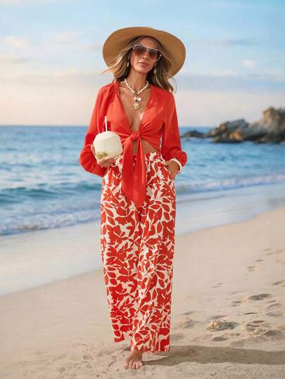 Sylviya Women's Casual Orange Vacation Long Sleeve Top And Pants Set,Vacation Summer Clothes Vacation Outfits Women Casual Sets For Women Vacation Outfits Women Beach Vacation Outfits Woman Vacation Two Piece Set Tropical Vacation Outfits