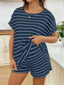 SHEIN 条纹圆领蝙蝠袖休闲宽松夏季百搭孕妇两件套 - 寶藍色 - 查看 7