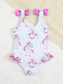 Baby Girls' Swimwear, Cute Cherry Pattern, Knitted Fabric, Double Bow Shoulder Straps, Flounced Legs, One-Piece Swimsuit, Fashion Casual Elegant Lady, Suitable For Swimming, Vacation, Summer - Pink - View 2