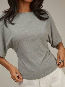 Athîral 女士休闲简约圆领系带短袖上衣，夏季 - 灰色 - 查看 5