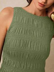 Poéselle 女士纯色圆领无袖荷叶边下摆夏季时尚背心 - 軍綠色 - 查看 6